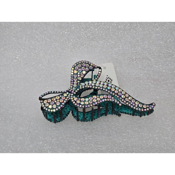 Rhinestone Bow Hair Claw Clip With Teal Accents - Picture 2 of 3